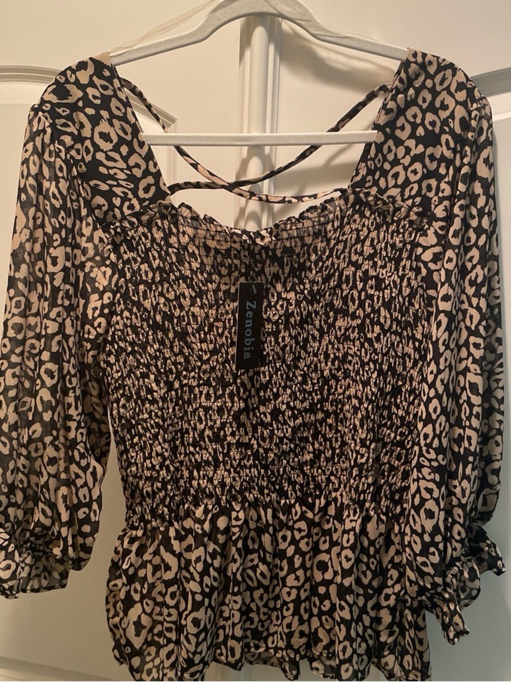 Zenobia Beige and Black Leopard-Print Smock Peasant Top
